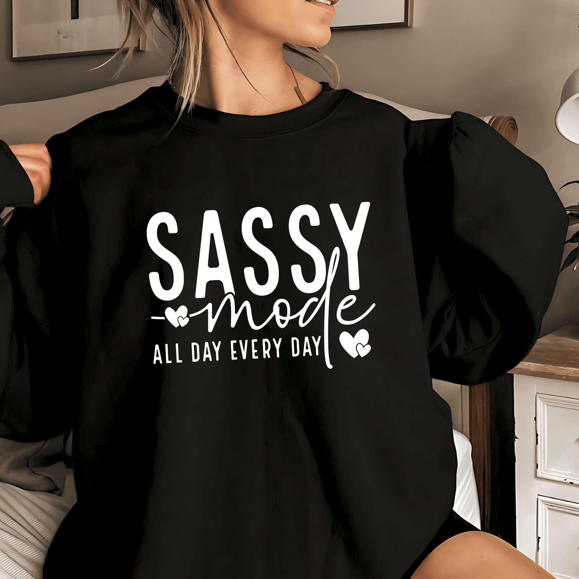 Women's 'Sassy Mode' Graphic Sweatshirt – Cozy and Stylish Pullover - The Right Side PrintsWomen's 'Sassy Mode' Graphic Sweatshirt – Cozy and Stylish Pulloverwomen's long sleeve sweatshirtWhiteSmall