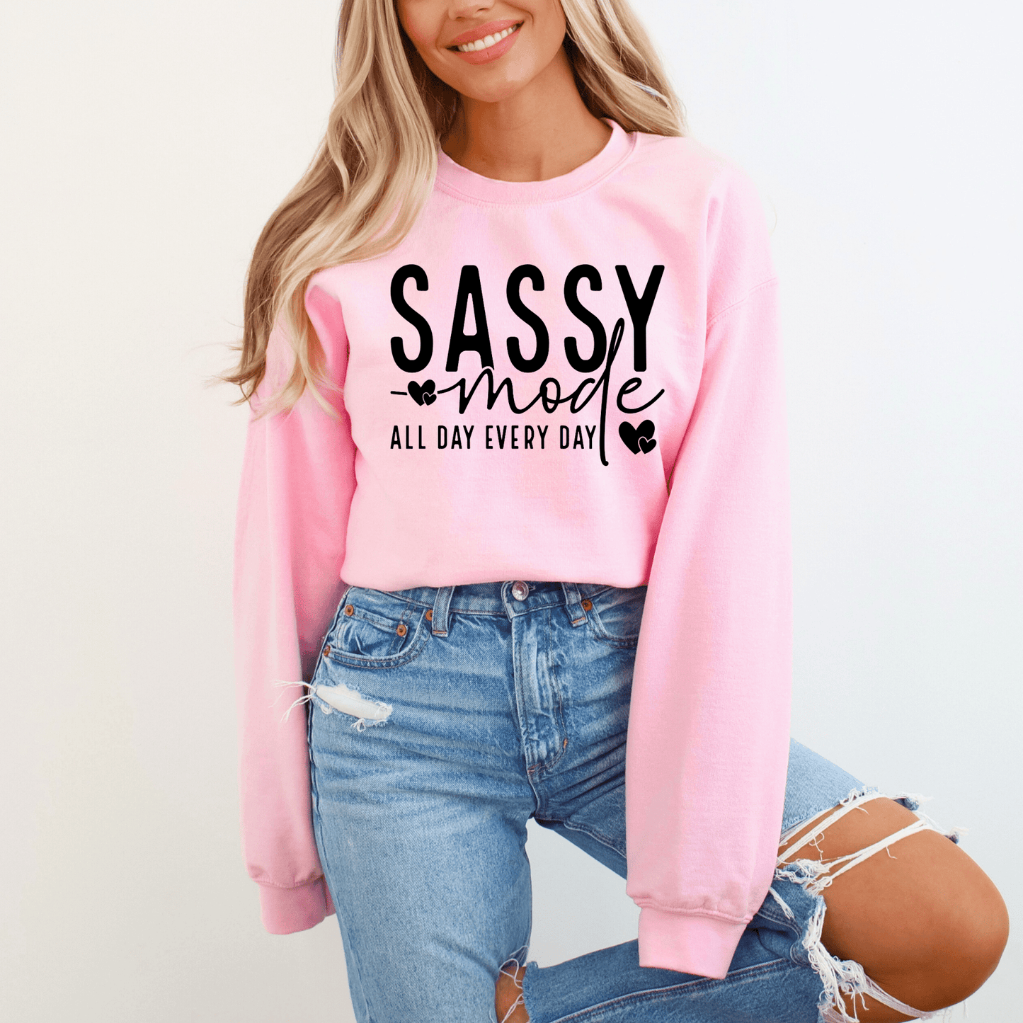 Women's 'Sassy Mode' Graphic Sweatshirt – Cozy and Stylish Pullover - The Right Side PrintsWomen's 'Sassy Mode' Graphic Sweatshirt – Cozy and Stylish Pulloverwomen's long sleeve sweatshirtLight PinkSmall