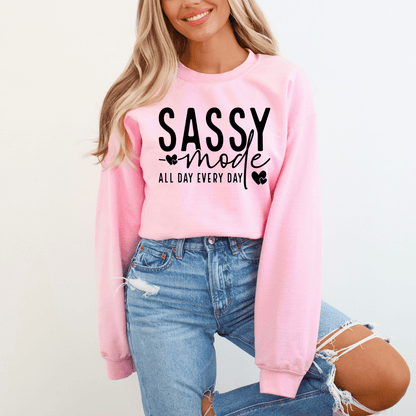 Women's 'Sassy Mode' Graphic Sweatshirt – Cozy and Stylish Pullover - The Right Side PrintsWomen's 'Sassy Mode' Graphic Sweatshirt – Cozy and Stylish Pulloverwomen's long sleeve sweatshirtLight PinkSmall