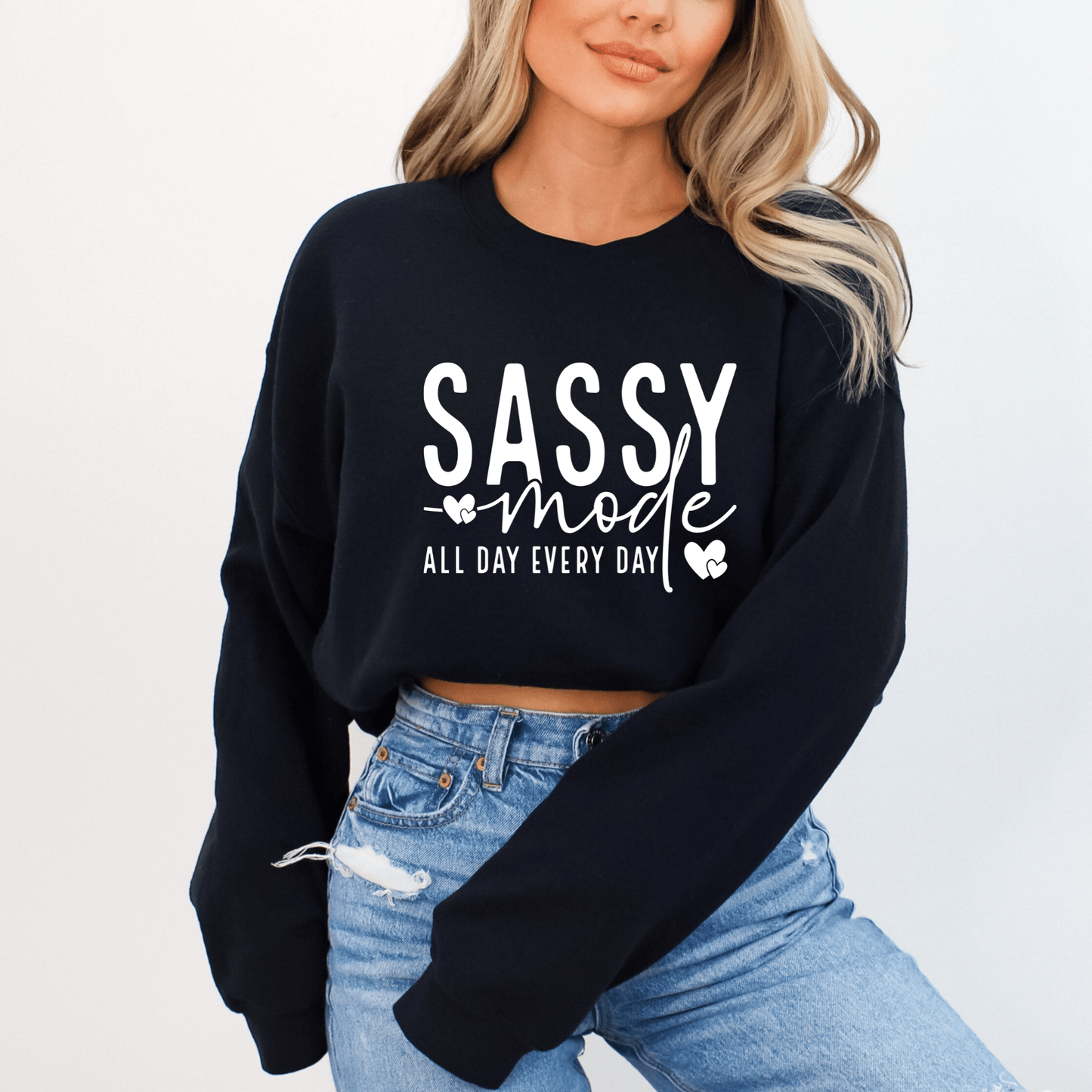 Women's 'Sassy Mode' Graphic Sweatshirt – Cozy and Stylish Pullover - The Right Side PrintsWomen's 'Sassy Mode' Graphic Sweatshirt – Cozy and Stylish Pulloverwomen's long sleeve sweatshirtBlackSmall