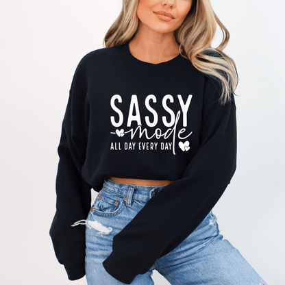 Women's 'Sassy Mode' Graphic Sweatshirt – Cozy and Stylish Pullover - The Right Side PrintsWomen's 'Sassy Mode' Graphic Sweatshirt – Cozy and Stylish Pulloverwomen's long sleeve sweatshirtBlackSmall