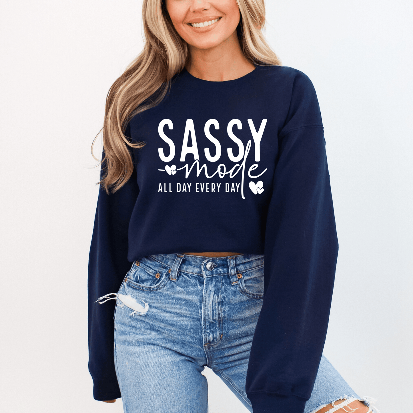 Women's 'Sassy Mode' Graphic Sweatshirt – Cozy and Stylish Pullover - The Right Side PrintsWomen's 'Sassy Mode' Graphic Sweatshirt – Cozy and Stylish Pulloverwomen's long sleeve sweatshirtNavySmall