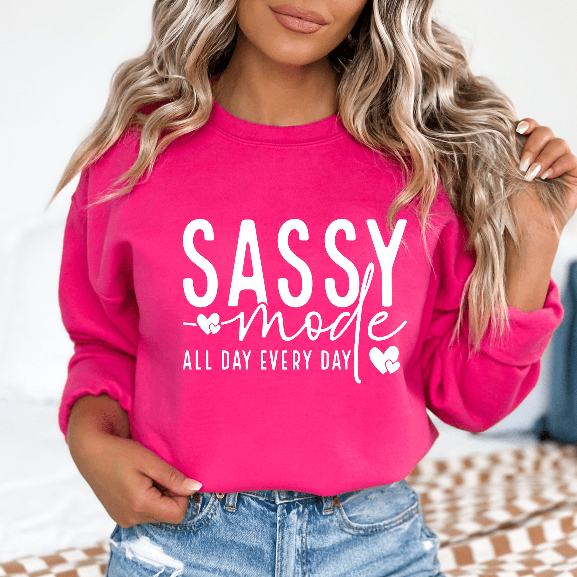 Women's 'Sassy Mode' Graphic Sweatshirt – Cozy and Stylish Pullover - The Right Side PrintsWomen's 'Sassy Mode' Graphic Sweatshirt – Cozy and Stylish Pulloverwomen's long sleeve sweatshirtDark PinkSmall