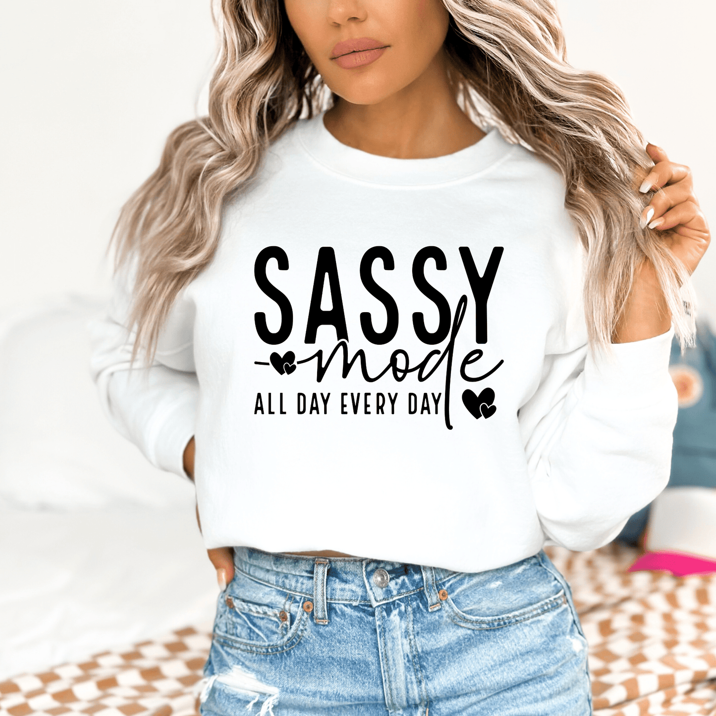 Women's 'Sassy Mode' Graphic Sweatshirt – Cozy and Stylish Pullover - The Right Side PrintsWomen's 'Sassy Mode' Graphic Sweatshirt – Cozy and Stylish Pulloverwomen's long sleeve sweatshirtWhiteSmall